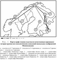 Карта-граф степени сходства по качественным признакам (вторая группа) нео-энеолитических скоплений наскальных изображений Фенноскандии Карта-граф степени сходства по качественным признакам (вторая группа) нео-энеолитических скоплений наскальных изображений Фенноскандии